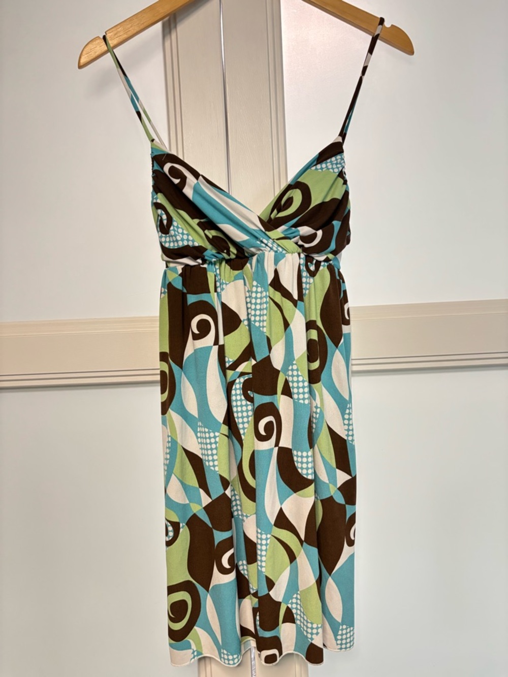 Y2K Retro Print Mini Dress Spaghetti Strap Abstract Brown Blue Size M